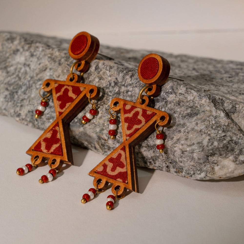 Worli Inspired Maroon Repurposed Fabric and Wood Earrings