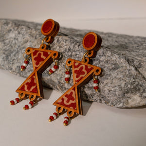 Worli Inspired Maroon Repurposed Fabric and Wood Earrings