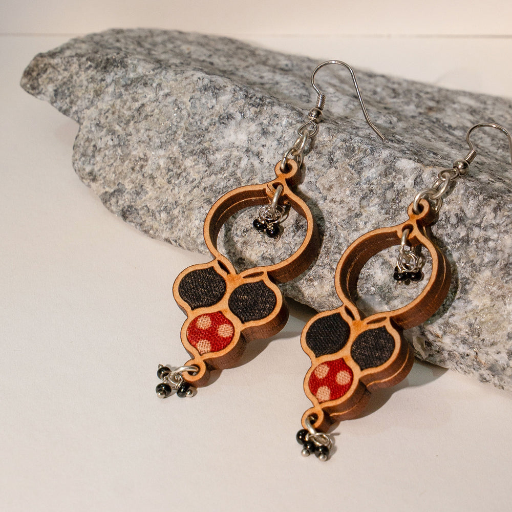 Ajrakh Black Repurposed Fabric and Wood Round Danglers