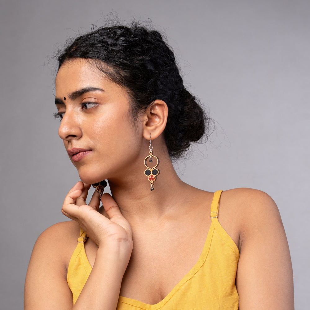Ajrakh Black Repurposed Fabric and Wood Round Danglers