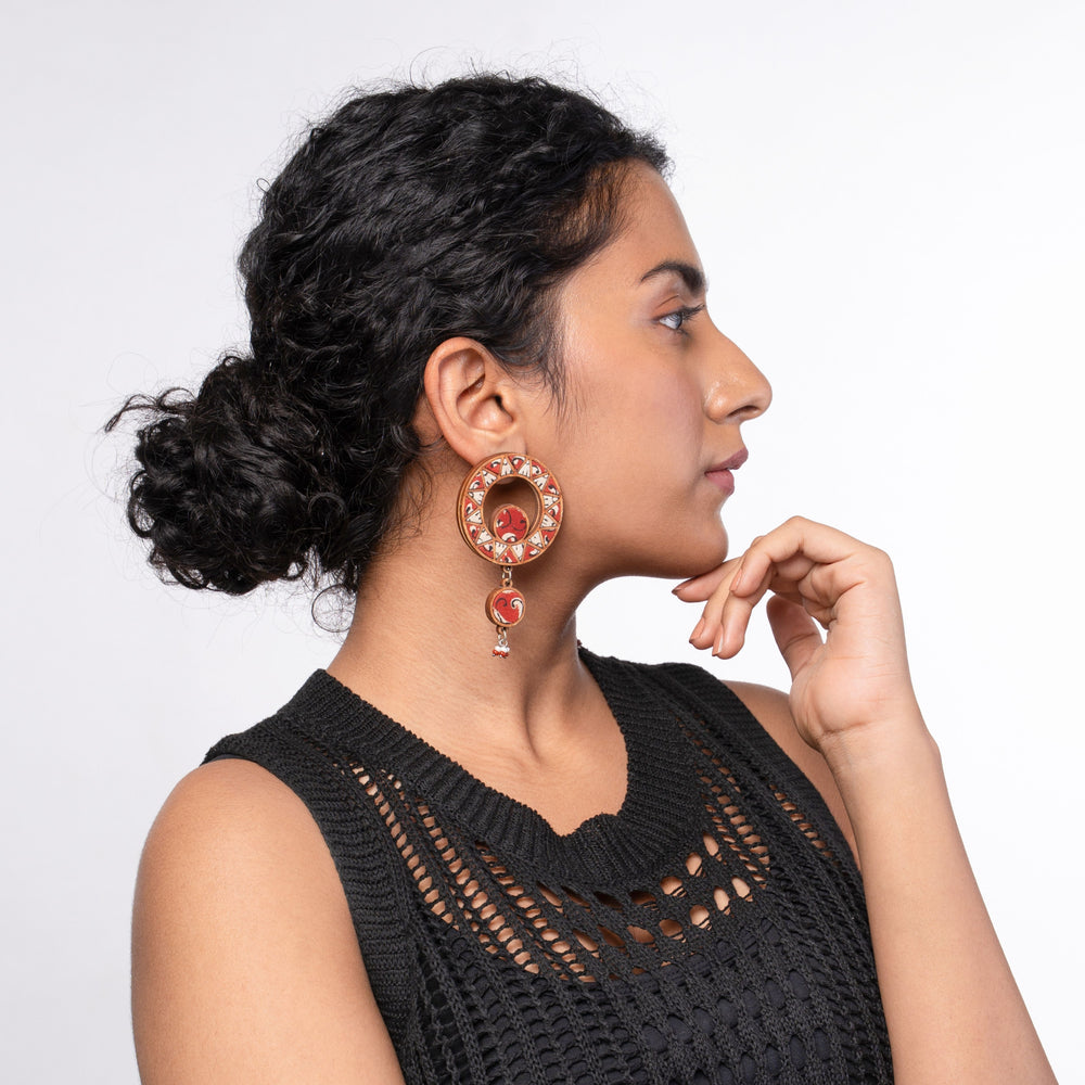 Red Wheel Repurposed Fabric and Wood Earrings