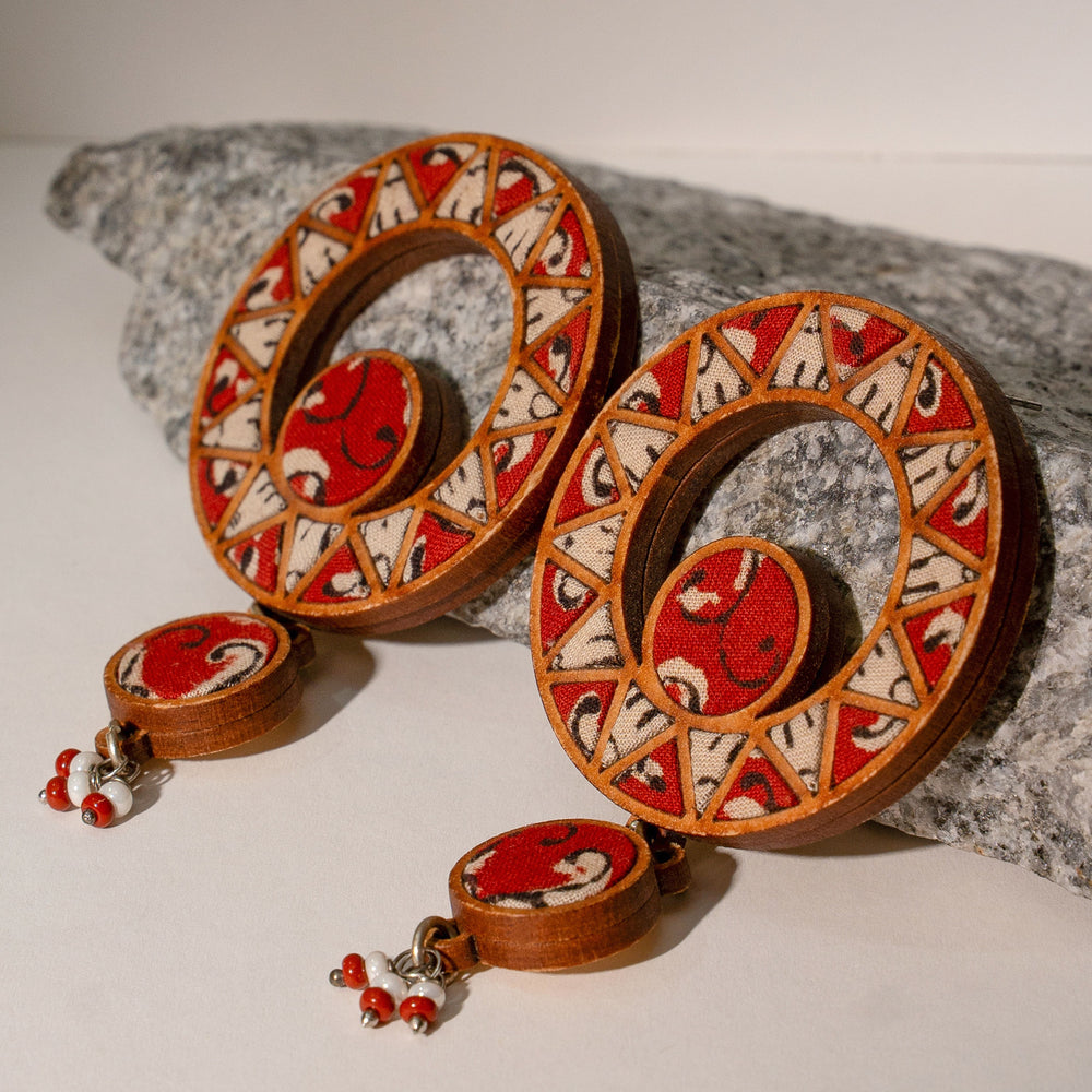 Red Wheel Repurposed Fabric and Wood Earrings