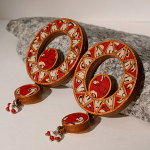 Red Wheel Repurposed Fabric and Wood Earrings