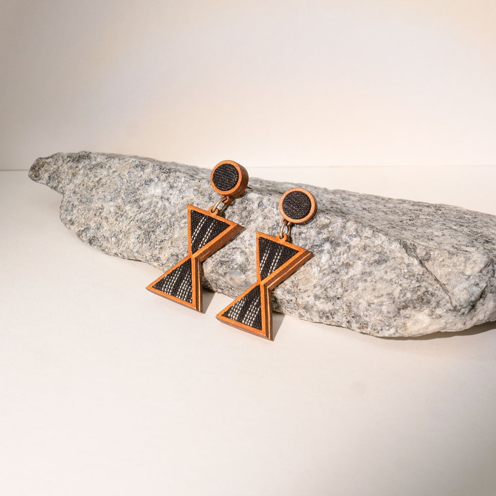 Worli Inspired Black Repurposed Fabric and Wood Earrings