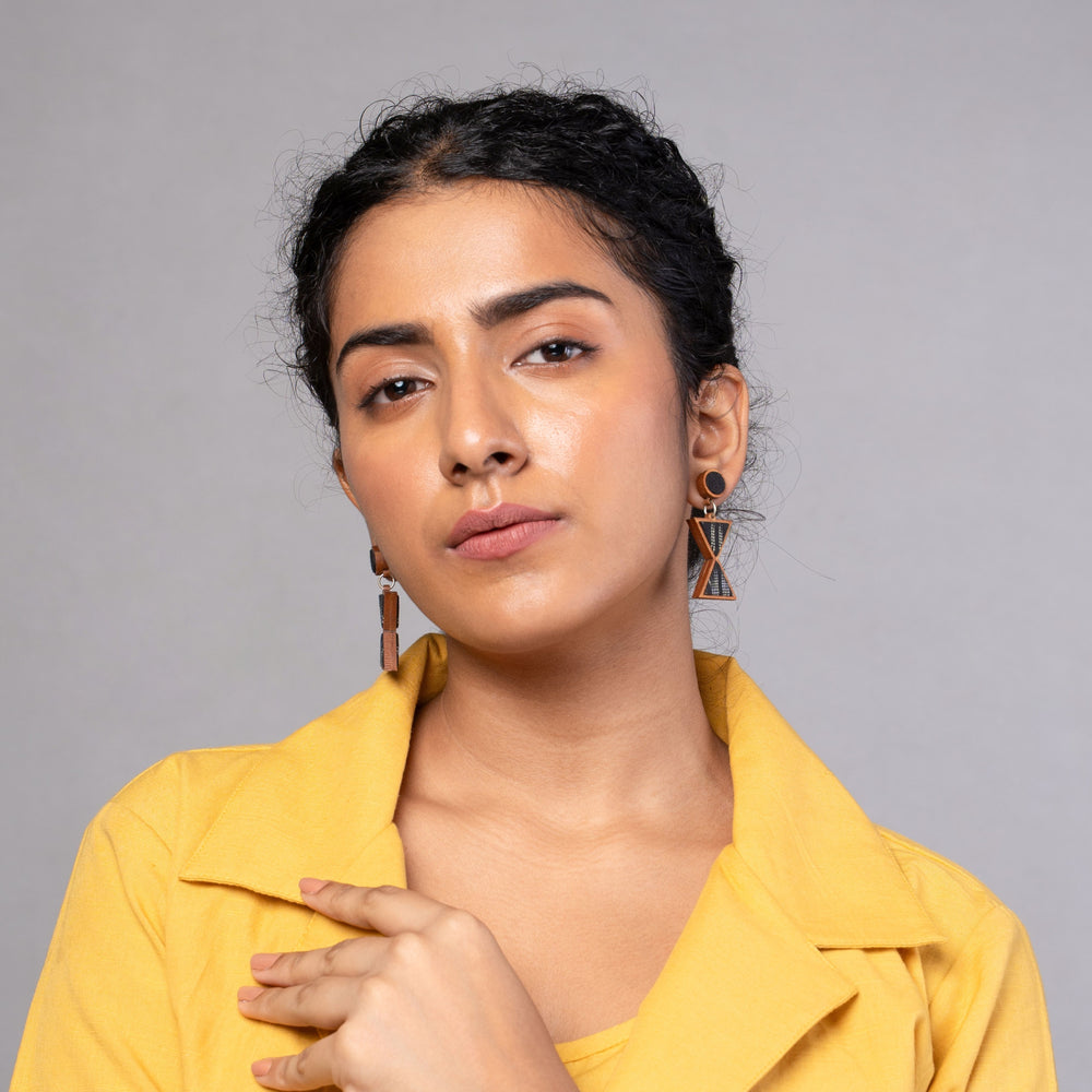 Worli Inspired Black Repurposed Fabric and Wood Earrings