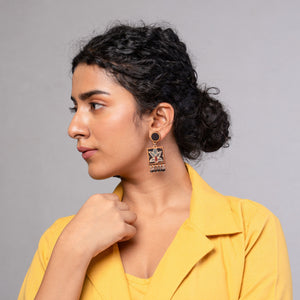 Black Ajrakh Hand Block Printed Repurposed Fabric and Wood Earrings