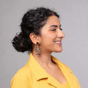 Black Ajrakh Hand Block Printed Repurposed Fabric and Wood Earrings