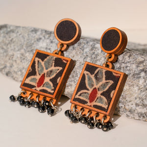 Black Ajrakh Hand Block Printed Repurposed Fabric and Wood Earrings