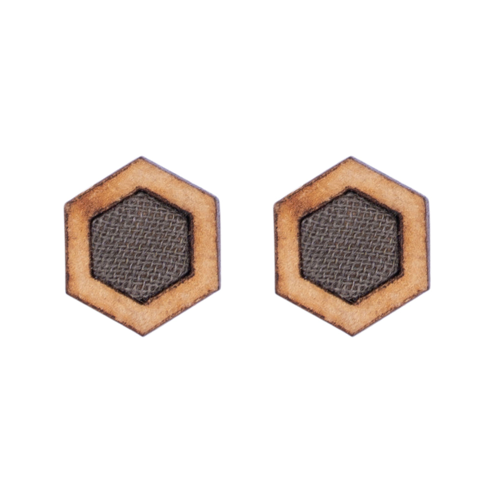 Unisex Grey Hexagon Repurposed Fabric and Wood Stud