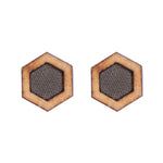 Unisex Grey Hexagon Repurposed Fabric and Wood Stud