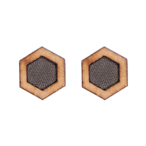 Unisex Grey Hexagon Repurposed Fabric and Wood Stud