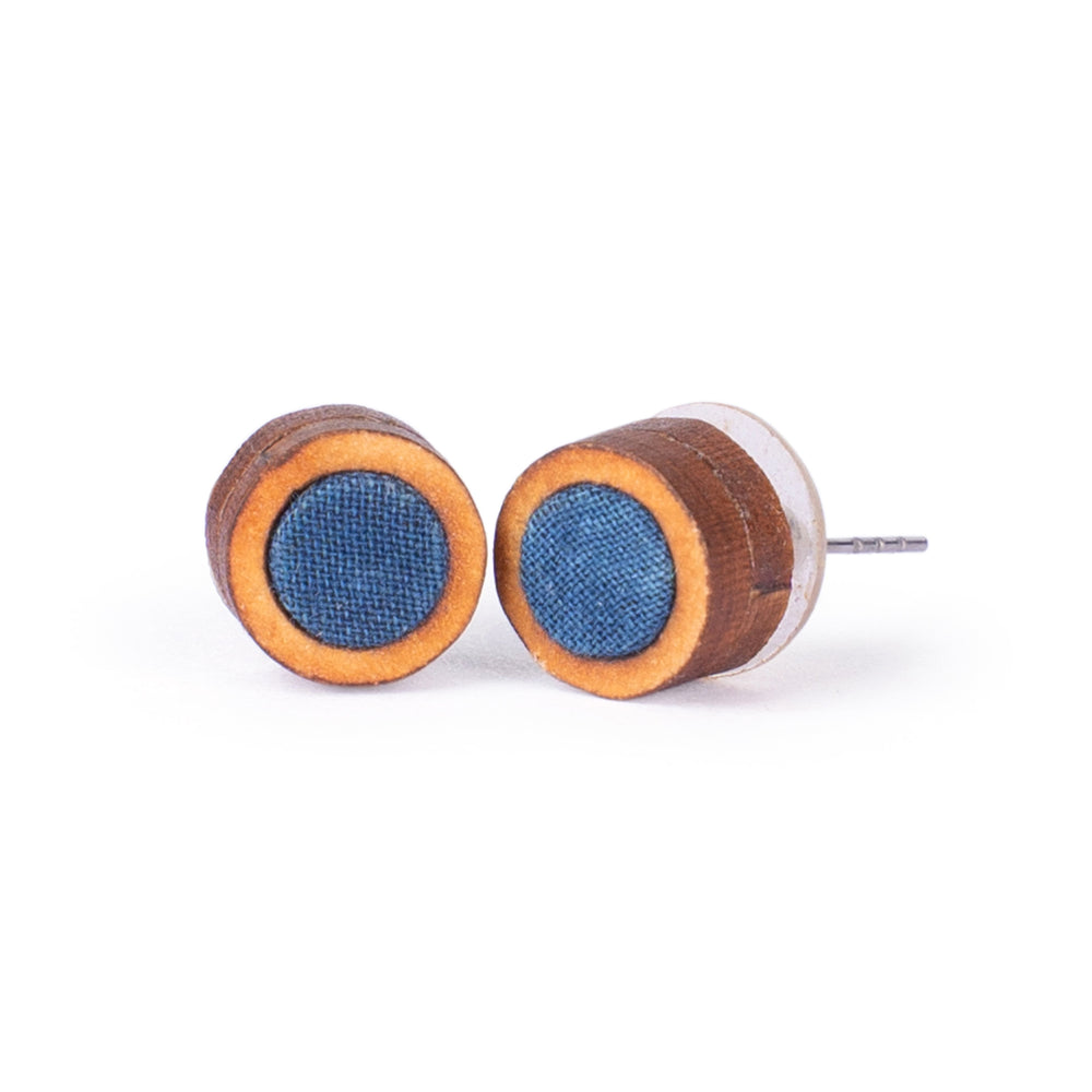 Unisex Blue Round Repurposed Fabric and Wood Studs