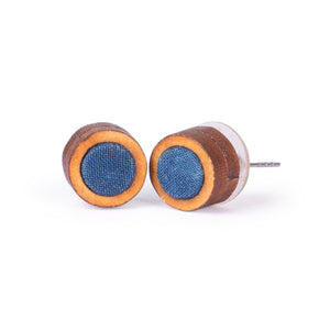 Unisex Blue Round Repurposed Fabric and Wood Studs