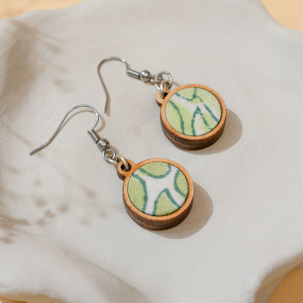 Green Repurposed Fabric and Wood Round Danglers