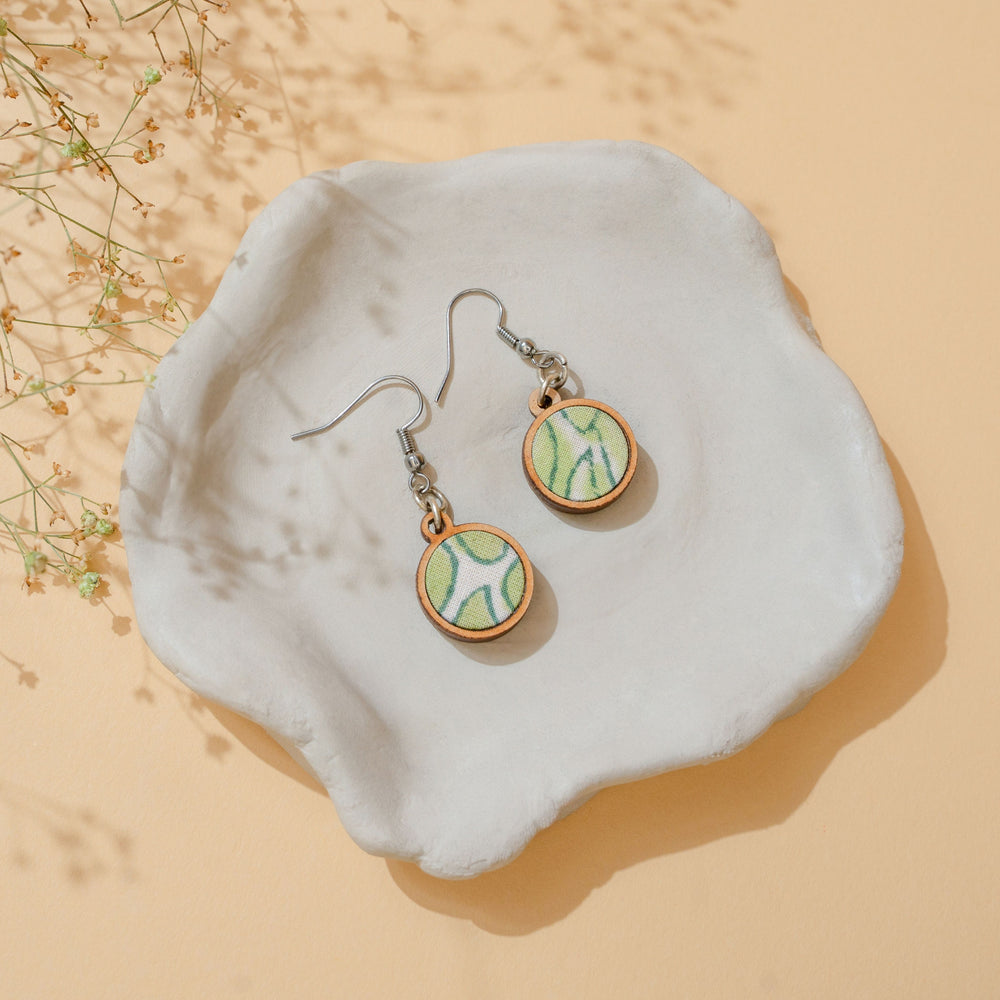 Green Repurposed Fabric and Wood Round Danglers