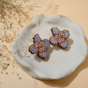 Purple Bloom Repurposed Fabric and Wood Flower Studs