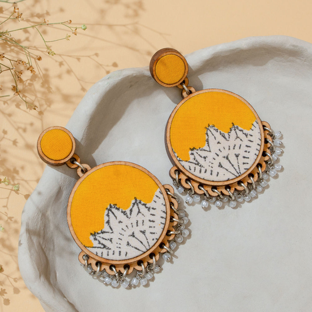 Yellow Fabric and Repurposed Wood Round Danglers