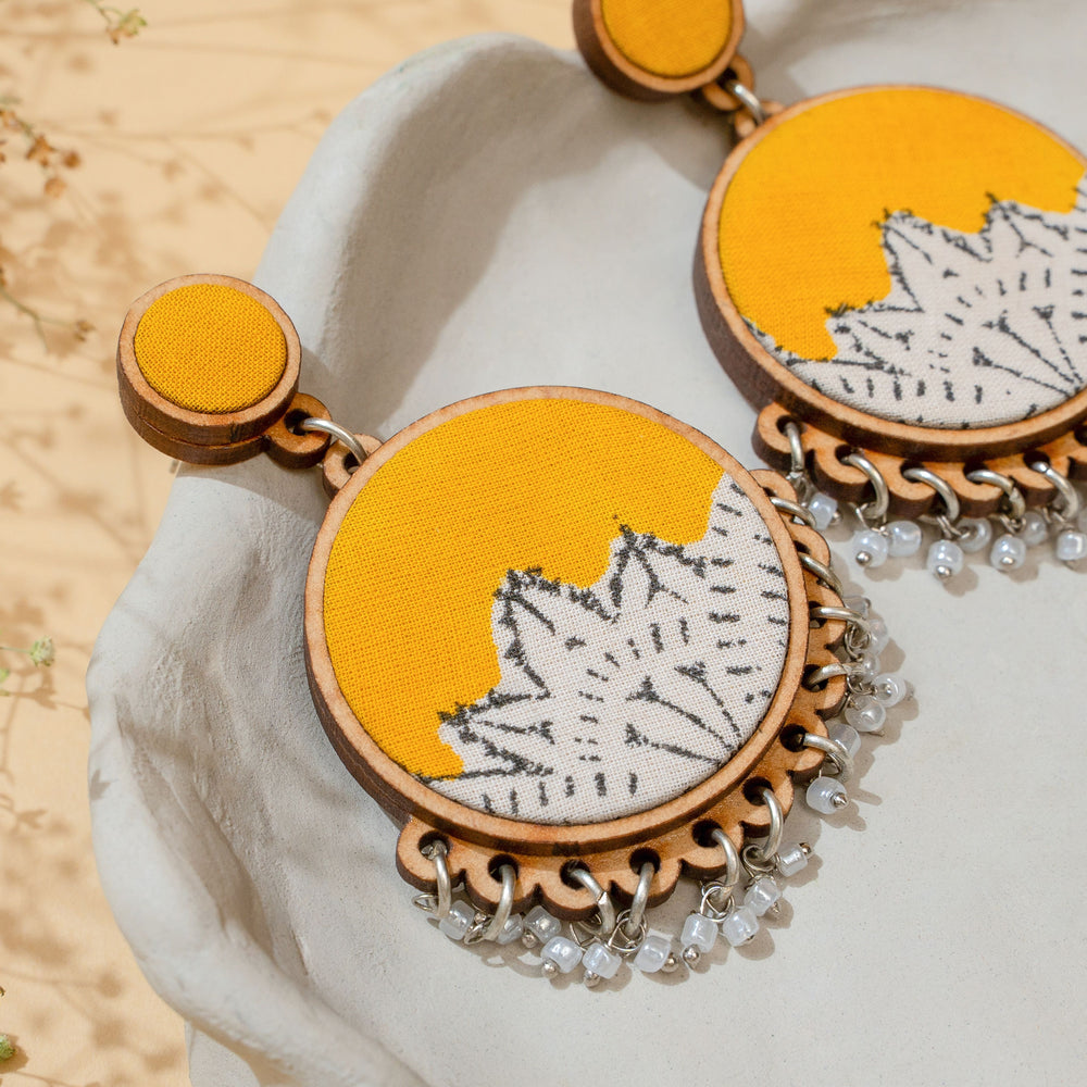 Yellow Fabric and Repurposed Wood Round Danglers