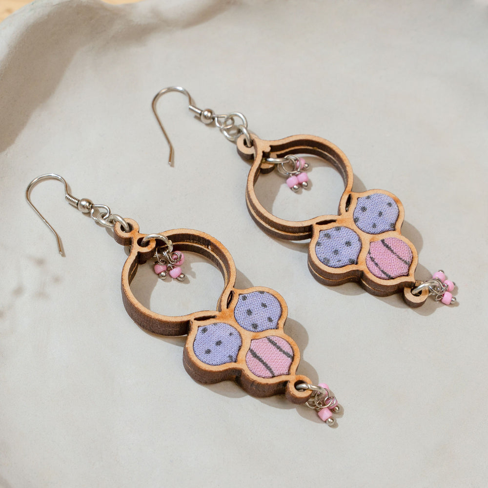 Floral Purple Repurposed Fabric and Wood Round Danglers