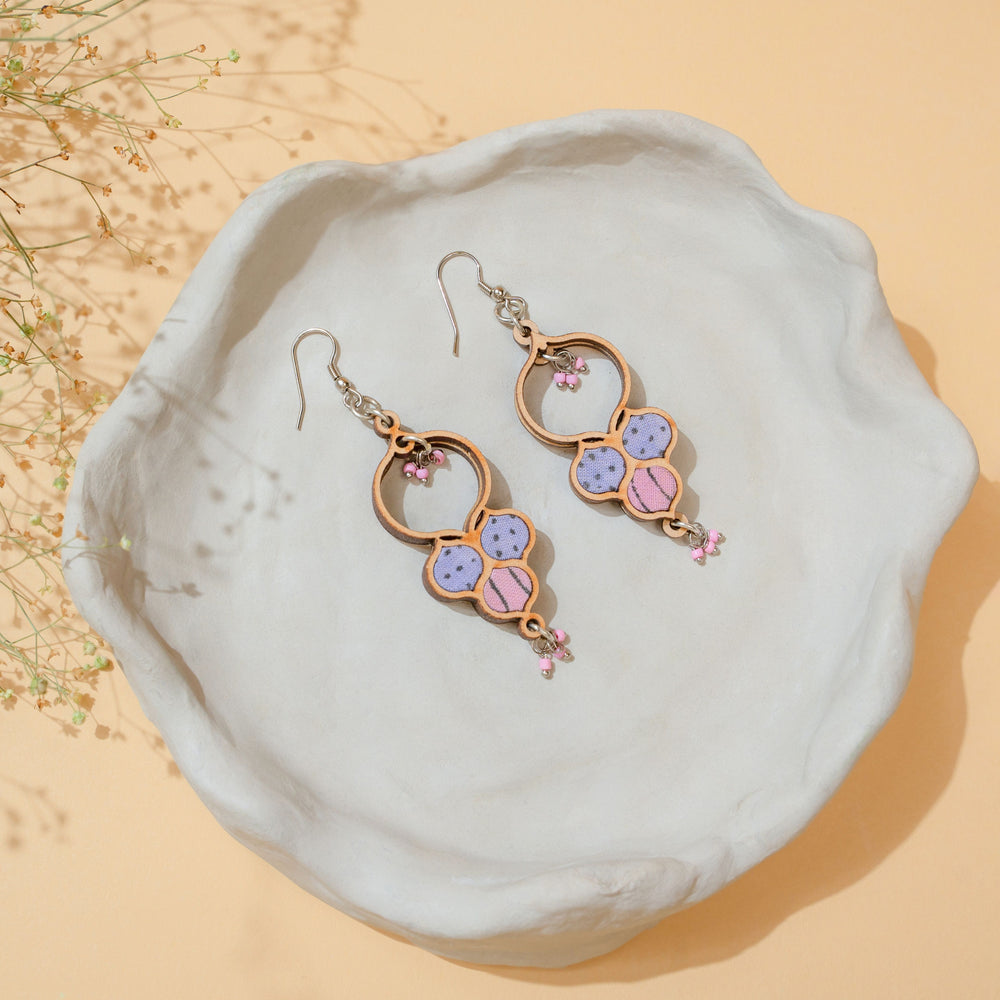 Floral Purple Repurposed Fabric and Wood Round Danglers