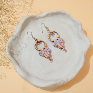 Floral Purple Repurposed Fabric and Wood Round Danglers