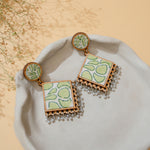 Green Repurposed Fabric and Wood Diamond Earrings
