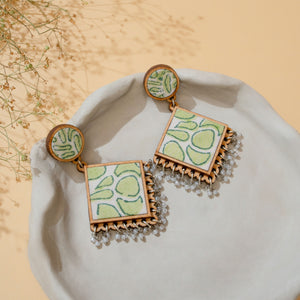 Green Repurposed Fabric and Wood Diamond Earrings