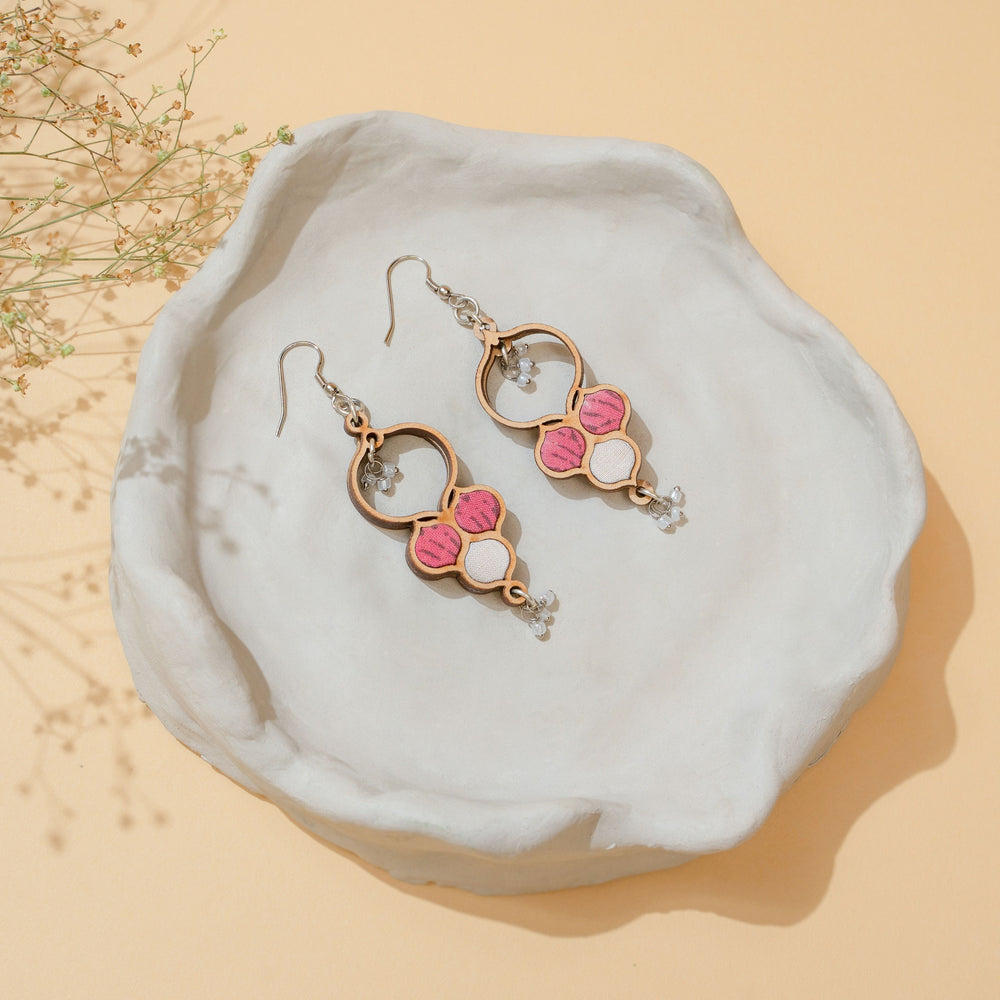 Pink and White Repurposed Fabric and Wood Danglers