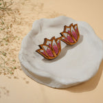 Pink Bloom Lotus Repurposed Fabric and Wood Earrings