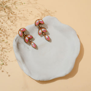 Pink White Bloom Repurposed Fabric and Wood Leaf Dangler