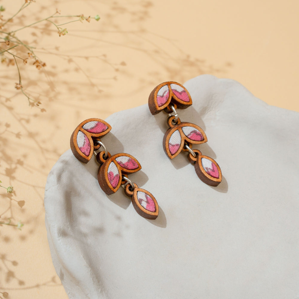 Pink White Bloom Repurposed Fabric and Wood Leaf Dangler