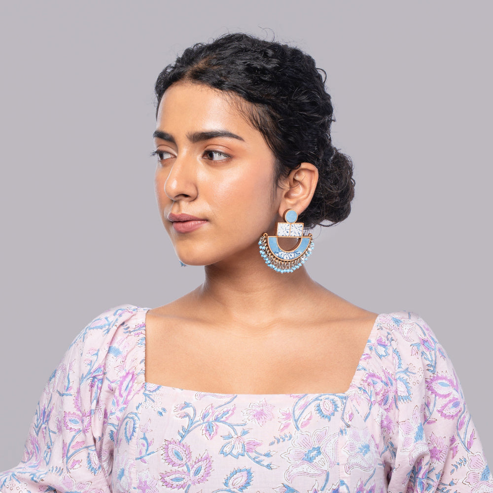 Blue Repurposed Fabric and Wood Statement Earrings