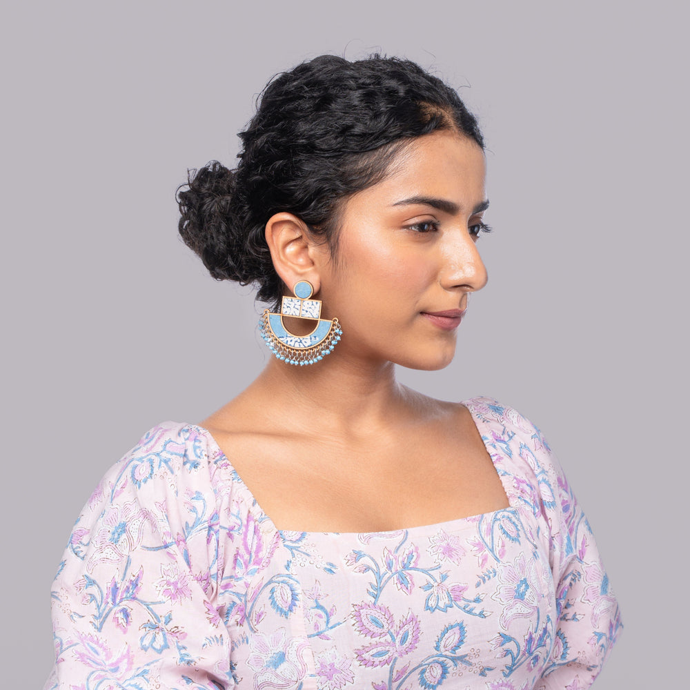 Blue Repurposed Fabric and Wood Statement Earrings