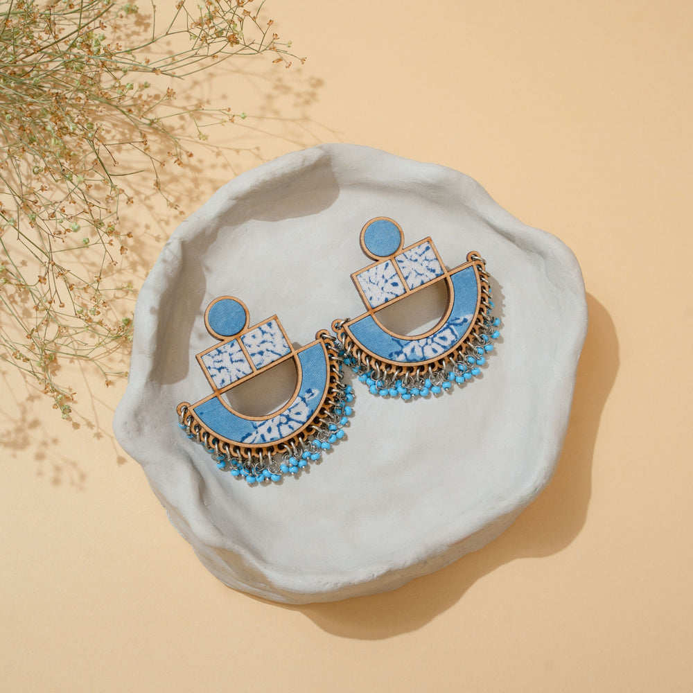 Blue Repurposed Fabric and Wood Statement Earrings