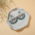 Blue Repurposed Fabric and Wood Statement Earrings