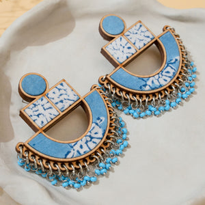 Blue Repurposed Fabric and Wood Statement Earrings