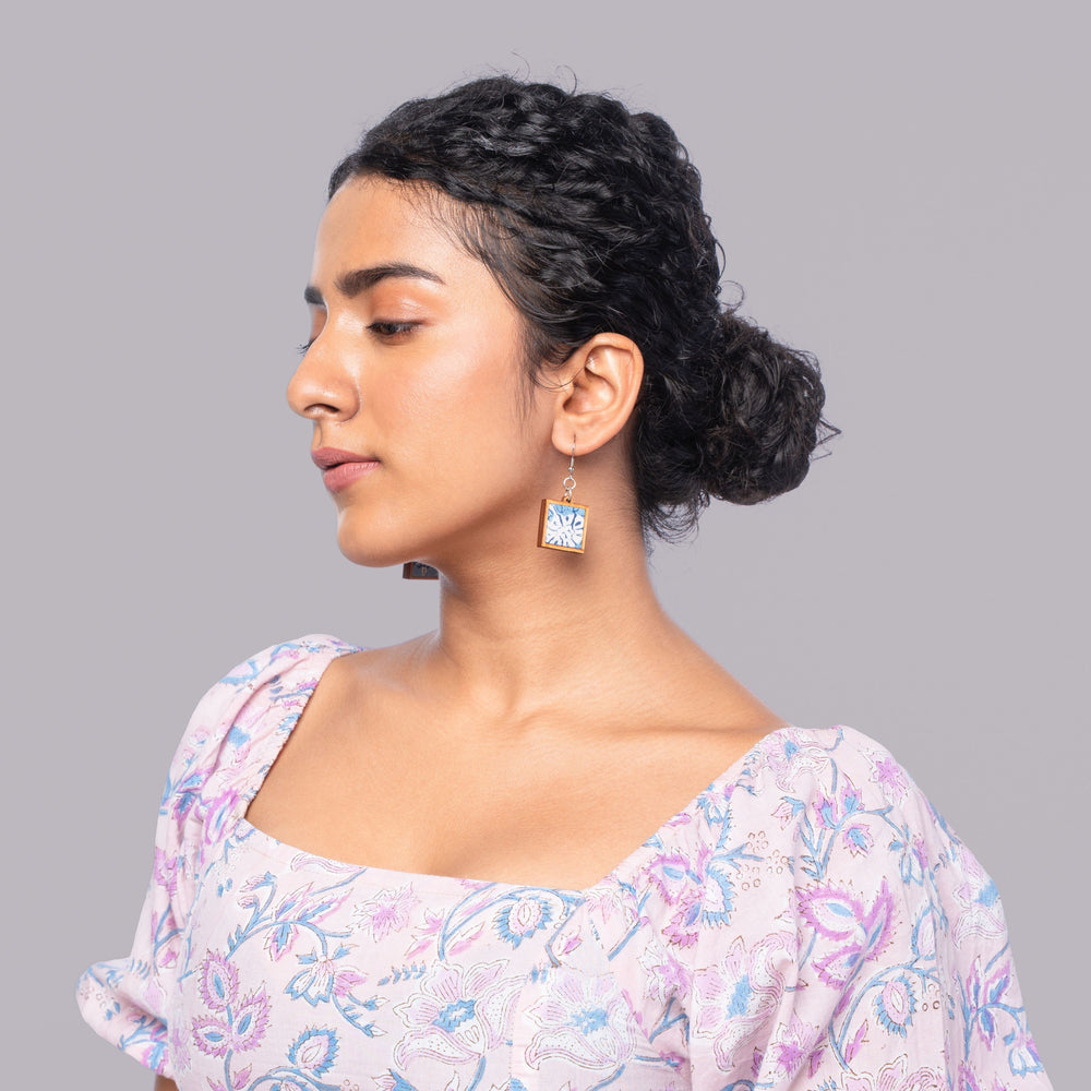 Blue Repurposed Fabric and Wood Square Earrings