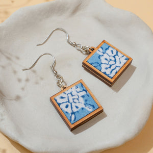 Blue Repurposed Fabric and Wood Square Earrings