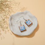 Blue Repurposed Fabric and Wood Square Earrings