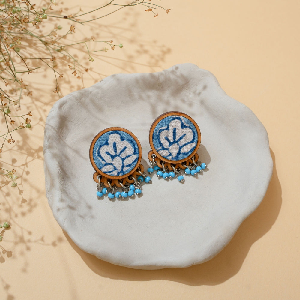 Blue Repurposed Fabric and Wood Round Studs