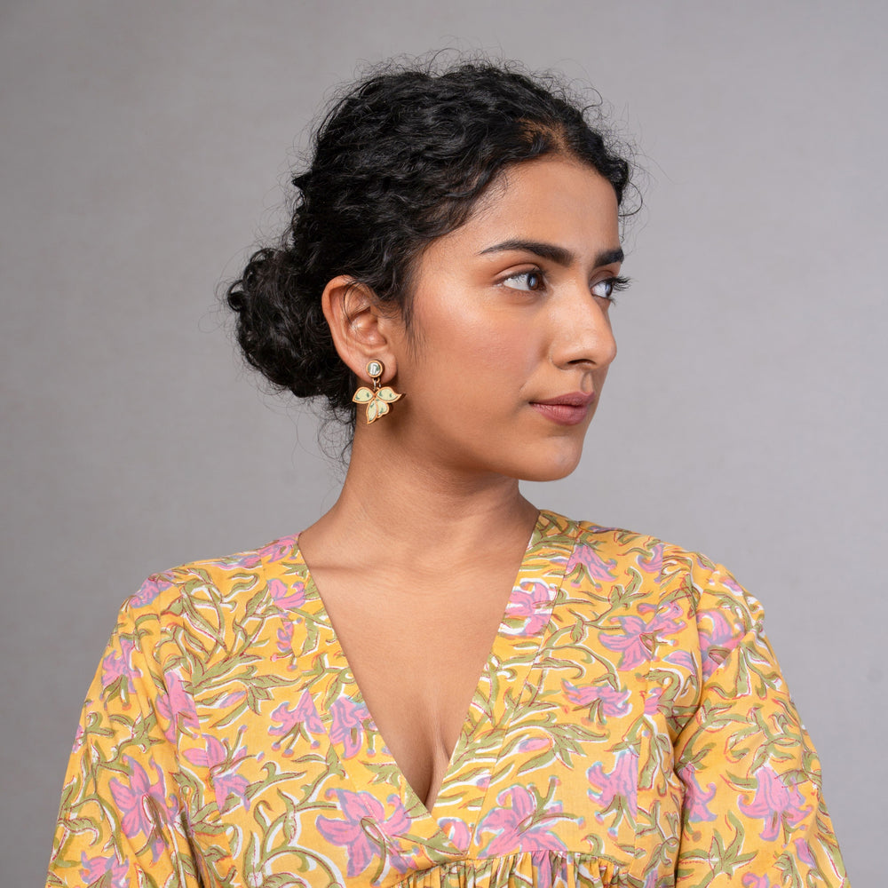 Green Bloom Repurposed Fabric and Wood Leaf Earrings