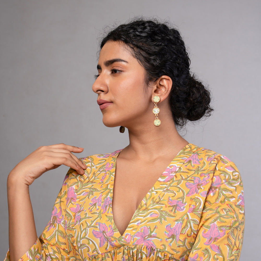 Green Repurposed Fabric and Wood Connecting Round Earrings