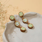 Green Repurposed Fabric and Wood Connecting Round Earrings
