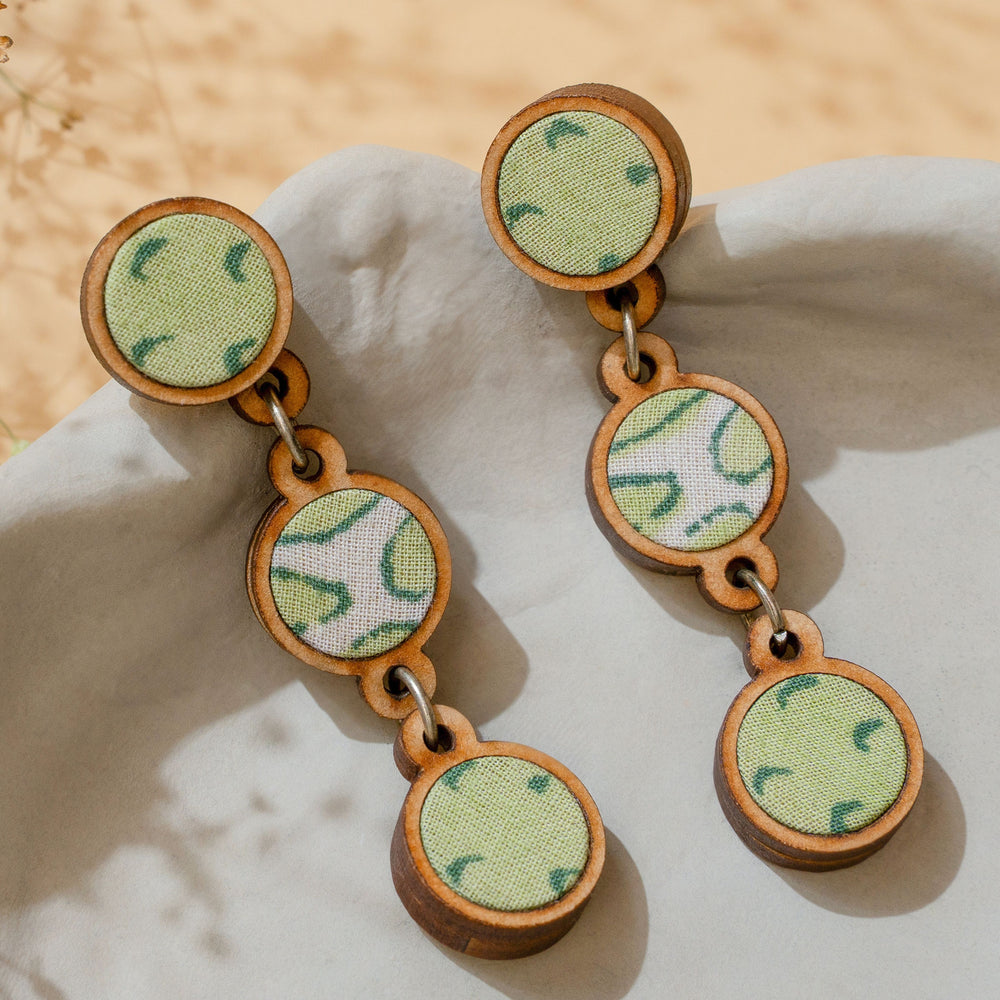 Green Repurposed Fabric and Wood Connecting Round Earrings