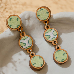 Green Repurposed Fabric and Wood Connecting Round Earrings