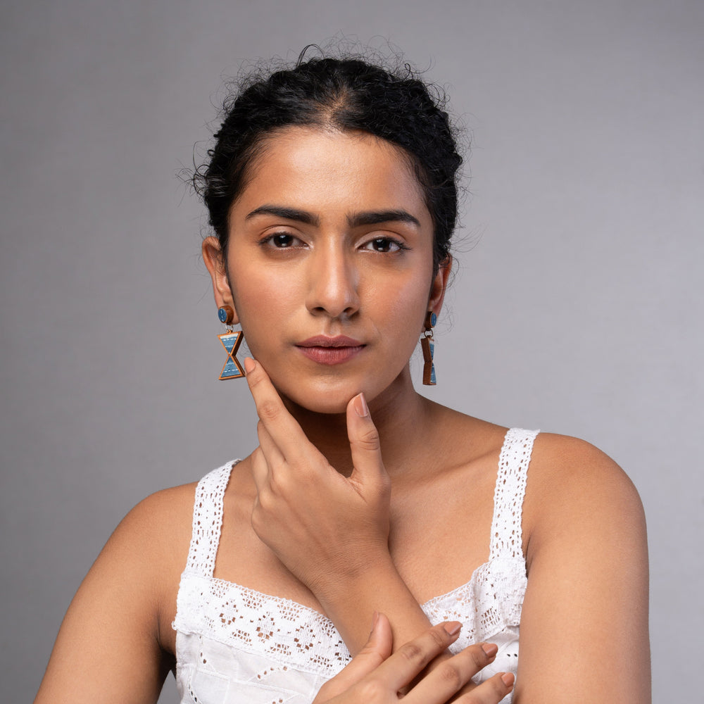 Shades of Indigo Blue Warli Inspired Repurposed Fabric and Wood Earrings