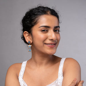 Shades of Indigo Blue Warli Inspired Repurposed Fabric and Wood Earrings