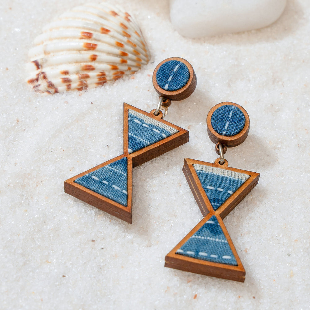Shades of Indigo Blue Warli Inspired Repurposed Fabric and Wood Earrings