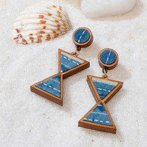 Shades of Indigo Blue Warli Inspired Repurposed Fabric and Wood Earrings