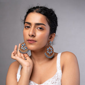 Indigo Blue Wheel Repurposed Fabric and Wood Earrings